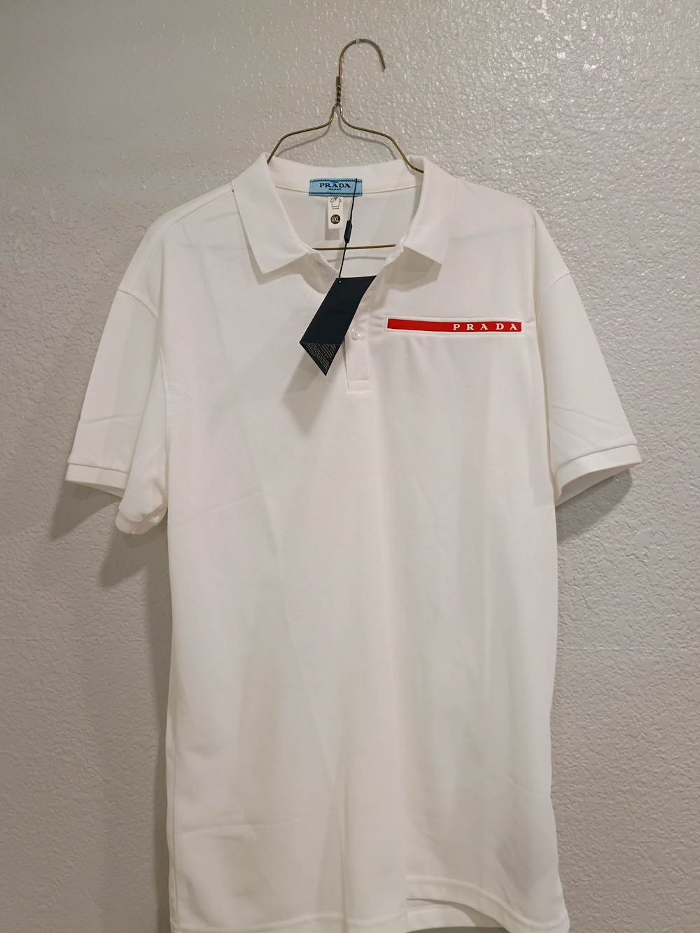 Prada Men’s White Polo Shirt with Red Logo Trim